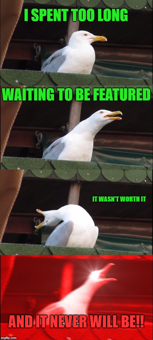 Inhaling Seagull | I SPENT TOO LONG; WAITING TO BE FEATURED; IT WASN'T WORTH IT; AND IT NEVER WILL BE!! | image tagged in memes,inhaling seagull | made w/ Imgflip meme maker