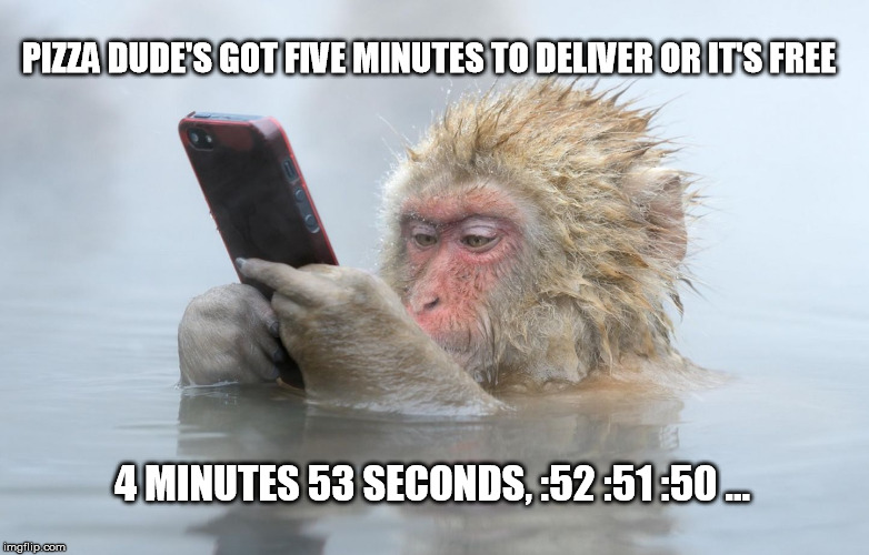 monkey in a hot tub with iphone | PIZZA DUDE'S GOT FIVE MINUTES TO DELIVER OR IT'S FREE; 4 MINUTES 53 SECONDS, :52 :51 :50 ... | image tagged in monkey in a hot tub with iphone | made w/ Imgflip meme maker