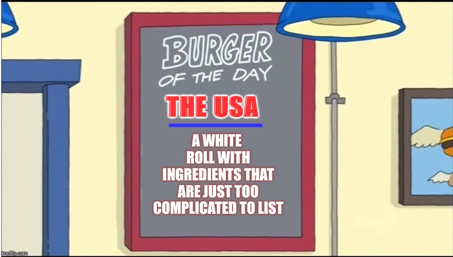 Burger of the day is the USA... but you might want to buy something else. | THE USA; —————-; A WHITE ROLL WITH INGREDIENTS THAT ARE JUST TOO COMPLICATED TO LIST | image tagged in bobs burgers burger | made w/ Imgflip meme maker