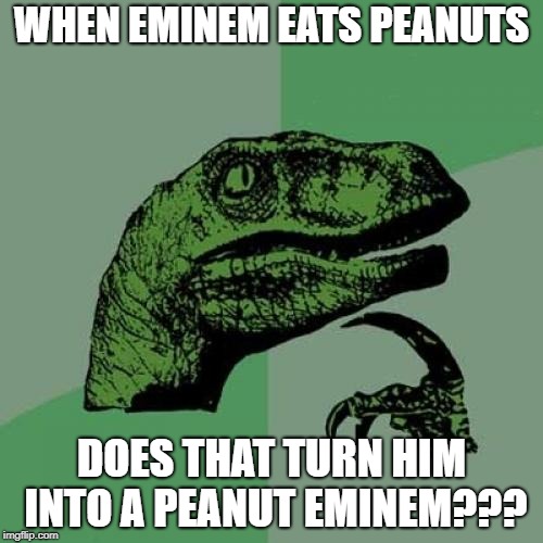 Philosoraptor | WHEN EMINEM EATS PEANUTS; DOES THAT TURN HIM INTO A PEANUT EMINEM??? | image tagged in memes,philosoraptor | made w/ Imgflip meme maker