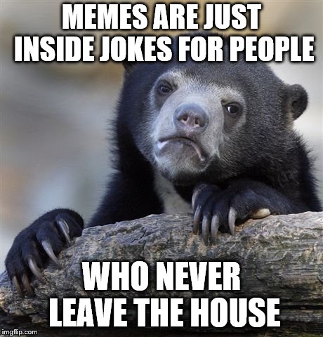 Confession Bear | MEMES ARE JUST INSIDE JOKES FOR PEOPLE; WHO NEVER LEAVE THE HOUSE | image tagged in memes,confession bear | made w/ Imgflip meme maker