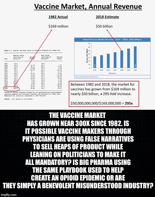 You Make The Call | THE VACCINE MARKET HAS GROWN NEAR 300X SINCE 1982. IS IT POSSIBLE VACCINE MAKERS THROUGH PHYSICIANS ARE USING FALSE NARRATIVES TO SELL HEAPS OF PRODUCT WHILE LEANING ON POLITICIANS TO MAKE IT ALL MANDATORY? IS BIG PHARMA USING THE SAME PLAYBOOK USED TO HELP CREATE AN OPIOID EPIDEMIC OR ARE THEY SIMPLY A BENEVOLENT MISUNDERSTOOD INDUSTRY? | image tagged in vaccine,industry,false narratives,big pharma,playbook,opioid epidemic | made w/ Imgflip meme maker