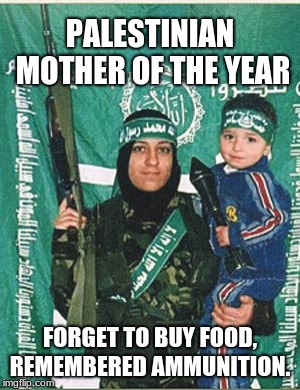 Islamic Martyr | PALESTINIAN MOTHER OF THE YEAR; FORGET TO BUY FOOD, REMEMBERED AMMUNITION. | image tagged in islamic martyr | made w/ Imgflip meme maker