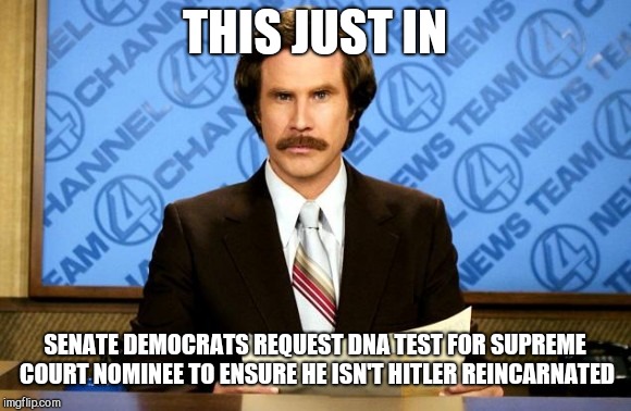 This just in | THIS JUST IN; SENATE DEMOCRATS REQUEST DNA TEST FOR SUPREME COURT NOMINEE TO ENSURE HE ISN'T HITLER REINCARNATED | image tagged in this just in | made w/ Imgflip meme maker