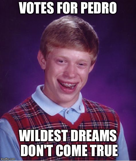 Bad Luck Brian | VOTES FOR PEDRO; WILDEST DREAMS DON'T COME TRUE | image tagged in memes,bad luck brian | made w/ Imgflip meme maker
