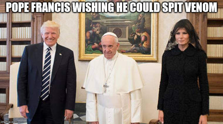 trump pope melania | POPE FRANCIS WISHING HE COULD SPIT VENOM | image tagged in trump pope melania | made w/ Imgflip meme maker