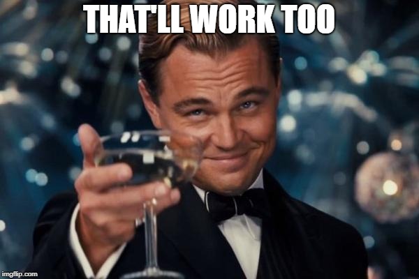 Leonardo Dicaprio Cheers Meme | THAT'LL WORK TOO | image tagged in memes,leonardo dicaprio cheers | made w/ Imgflip meme maker