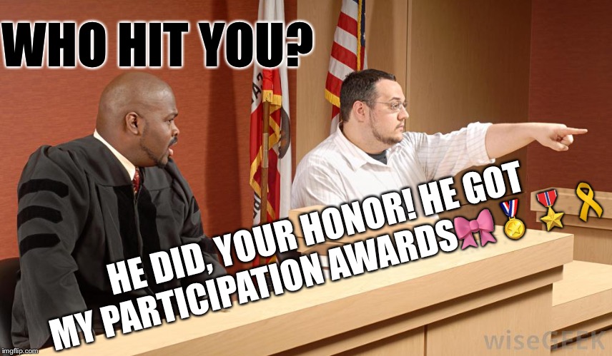 Judge looney | WHO HIT YOU? HE DID, YOUR HONOR! HE GOT MY PARTICIPATION AWARDS🎀🏅🎖🎗 | image tagged in judge looney | made w/ Imgflip meme maker