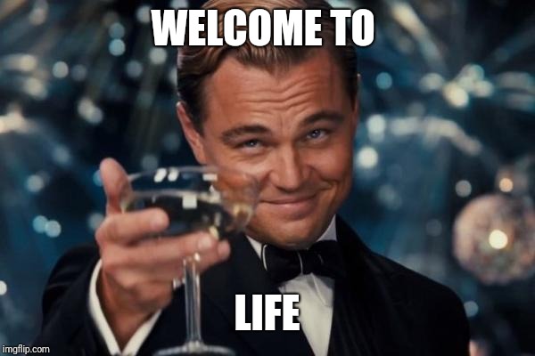 Leonardo Dicaprio Cheers Meme | WELCOME TO LIFE | image tagged in memes,leonardo dicaprio cheers | made w/ Imgflip meme maker