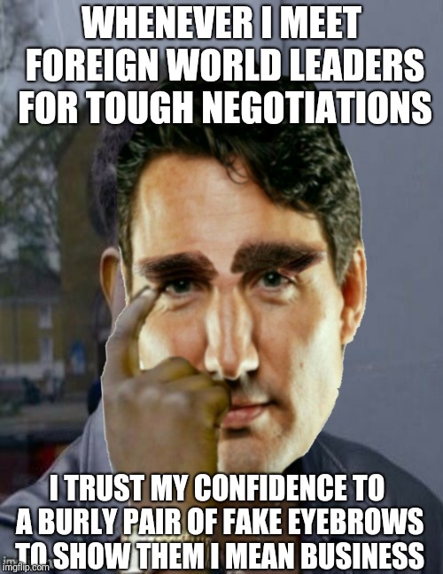 WHENEVER I MEET FOREIGN WORLD LEADERS FOR TOUGH NEGOTIATIONS; I TRUST MY CONFIDENCE TO A BURLY PAIR OF FAKE EYEBROWS TO SHOW THEM I MEAN BUSINESS | image tagged in eyebrowgate trudeau eye brows traitor coward liar | made w/ Imgflip meme maker