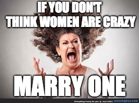 Crazy woman | IF YOU DON'T THINK WOMEN ARE CRAZY; MARRY ONE | image tagged in crazy woman | made w/ Imgflip meme maker