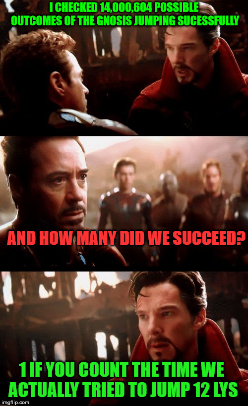 dr strange futures | I CHECKED 14,000,604 POSSIBLE OUTCOMES OF THE GNOSIS JUMPING SUCESSFULLY; AND HOW MANY DID WE SUCCEED? 1 IF YOU COUNT THE TIME WE ACTUALLY TRIED TO JUMP 12 LYS | image tagged in dr strange futures | made w/ Imgflip meme maker