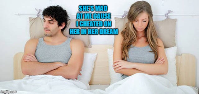 guy's can't win | SHE'S MAD AT ME CAUSE I CHEATED ON HER IN HER DREAM | image tagged in cheated,guy,dream | made w/ Imgflip meme maker