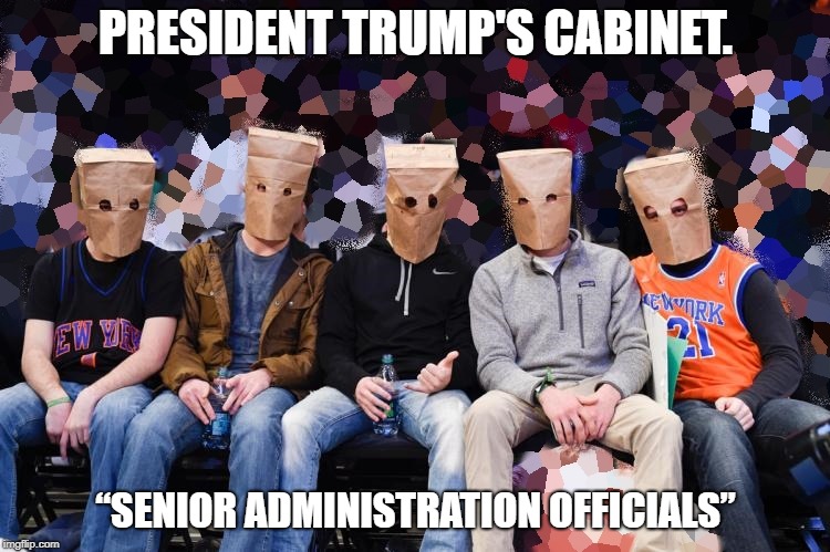 Everyone is 'anonymous' in a Trump Cabinet! | PRESIDENT TRUMP'S CABINET. “SENIOR ADMINISTRATION OFFICIALS” | image tagged in donald trump,trump,president trump,trump cabinet | made w/ Imgflip meme maker