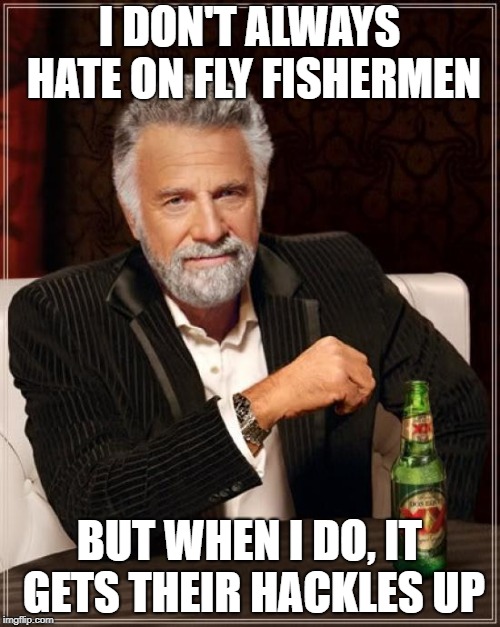 The Most Interesting Man In The World Meme | I DON'T ALWAYS HATE ON FLY FISHERMEN BUT WHEN I DO, IT GETS THEIR HACKLES UP | image tagged in memes,the most interesting man in the world | made w/ Imgflip meme maker