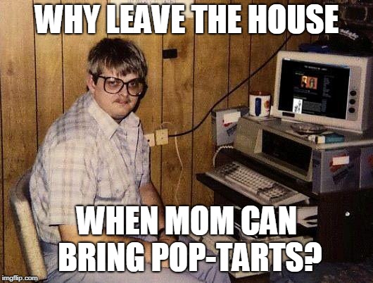 computer nerd | WHY LEAVE THE HOUSE WHEN MOM CAN BRING POP-TARTS? | image tagged in computer nerd | made w/ Imgflip meme maker