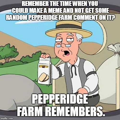 Pepperidge Farm Remembers Meme | REMEMBER THE TIME WHEN YOU COULD MAKE A MEME AND NOT GET SOME RANDOM PEPPERIDGE FARM COMMENT ON IT? PEPPERIDGE FARM REMEMBERS. | image tagged in memes,pepperidge farm remembers | made w/ Imgflip meme maker