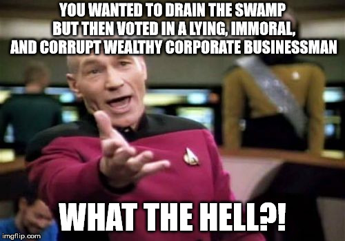 Picard Wtf | YOU WANTED TO DRAIN THE SWAMP BUT THEN VOTED IN A LYING, IMMORAL, AND CORRUPT WEALTHY CORPORATE BUSINESSMAN; WHAT THE HELL?! | image tagged in memes,picard wtf | made w/ Imgflip meme maker