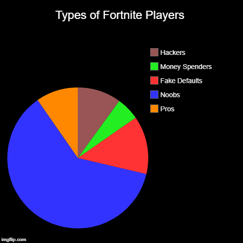 Types of Fortnite Players | Pros, Noobs, Fake Defaults, Money Spenders, Hackers | image tagged in funny,pie charts | made w/ Imgflip chart maker