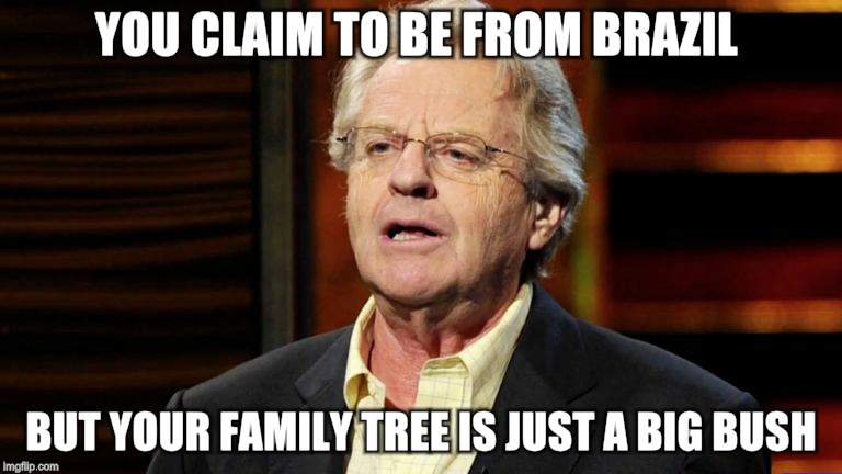 Today on Springer | YOU CLAIM TO BE FROM BRAZIL; BUT YOUR FAMILY TREE IS JUST A BIG BUSH | image tagged in funny memes,jerry springer | made w/ Imgflip meme maker