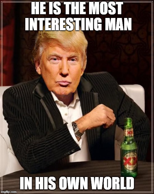 Trump Most Interesting Man In The World | HE IS THE MOST INTERESTING MAN; IN HIS OWN WORLD | image tagged in trump most interesting man in the world | made w/ Imgflip meme maker
