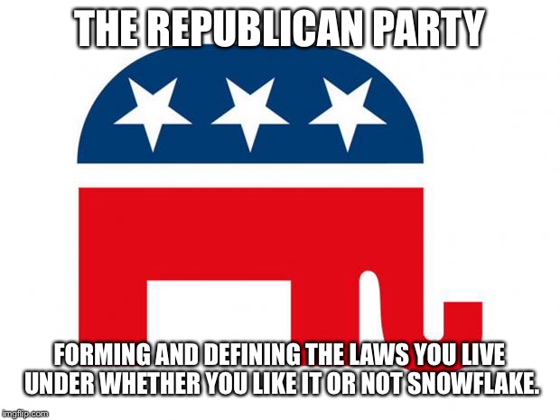 GOP LOGO | THE REPUBLICAN PARTY; FORMING AND DEFINING THE LAWS YOU LIVE UNDER WHETHER YOU LIKE IT OR NOT SNOWFLAKE. | image tagged in gop logo | made w/ Imgflip meme maker