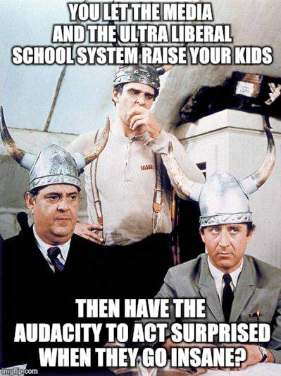 Vikings In Charge | YOU LET THE MEDIA AND THE ULTRA LIBERAL SCHOOL SYSTEM RAISE YOUR KIDS; THEN HAVE THE AUDACITY TO ACT SURPRISED WHEN THEY GO INSANE? | image tagged in funny memes,silly,vikings | made w/ Imgflip meme maker