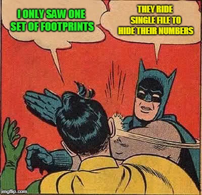 Batman Slapping Robin Meme | I ONLY SAW ONE SET OF FOOTPRINTS THEY RIDE SINGLE FILE TO HIDE THEIR NUMBERS | image tagged in memes,batman slapping robin | made w/ Imgflip meme maker