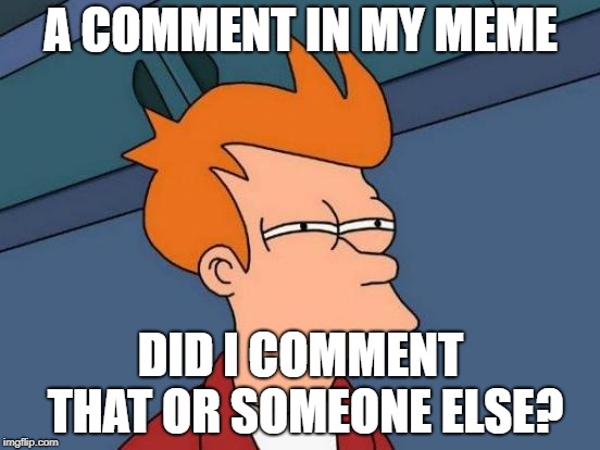 Futurama Fry | A COMMENT IN MY MEME; DID I COMMENT THAT OR SOMEONE ELSE? | image tagged in memes,futurama fry | made w/ Imgflip meme maker