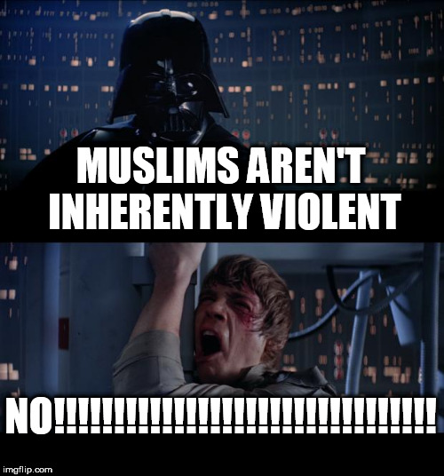 The Truth Hurts | MUSLIMS AREN'T INHERENTLY VIOLENT; NO!!!!!!!!!!!!!!!!!!!!!!!!!!!!!!!! | image tagged in memes,star wars no,muslim,muslims,violence,violent | made w/ Imgflip meme maker