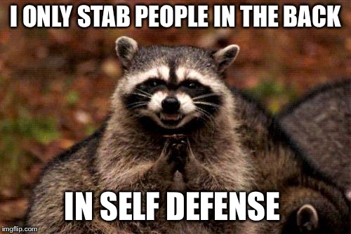 it was a good day today | I ONLY STAB PEOPLE IN THE BACK; IN SELF DEFENSE | image tagged in memes,evil plotting raccoon | made w/ Imgflip meme maker
