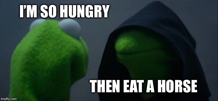 Evil Kermit Meme | I’M SO HUNGRY; THEN EAT A HORSE | image tagged in memes,evil kermit | made w/ Imgflip meme maker