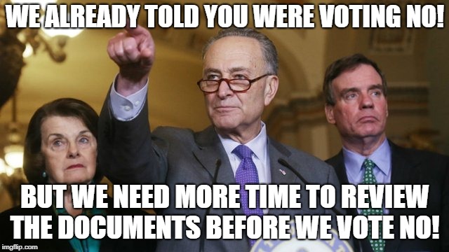 Democrats need more time to say NO | WE ALREADY TOLD YOU WERE VOTING NO! BUT WE NEED MORE TIME TO REVIEW THE DOCUMENTS BEFORE WE VOTE NO! | image tagged in democrats,senate,brett kavanaugh,one does not simply | made w/ Imgflip meme maker