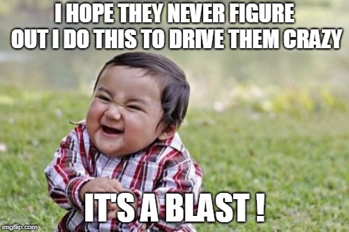 Evil Toddler Meme | I HOPE THEY NEVER FIGURE OUT I DO THIS TO DRIVE THEM CRAZY; IT'S A BLAST ! | image tagged in memes,evil toddler | made w/ Imgflip meme maker