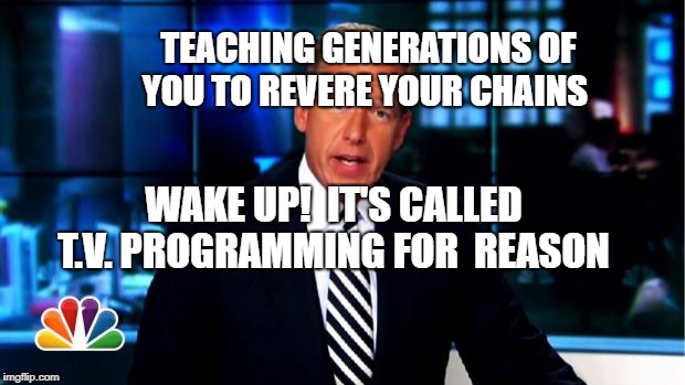 News Anchor | TEACHING GENERATIONS OF YOU TO REVERE YOUR CHAINS; WAKE UP!  IT'S CALLED T.V. PROGRAMMING FOR  REASON | image tagged in news anchor | made w/ Imgflip meme maker