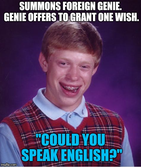 Bad Wish Brian | SUMMONS FOREIGN GENIE. GENIE OFFERS TO GRANT ONE WISH. "COULD YOU SPEAK ENGLISH?" | image tagged in memes,bad luck brian | made w/ Imgflip meme maker