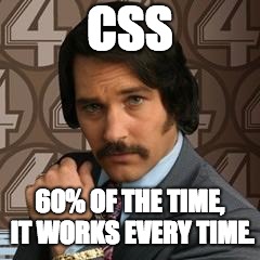 Brian fantana | CSS; 60% OF THE TIME, IT WORKS EVERY TIME. | image tagged in brian fantana | made w/ Imgflip meme maker