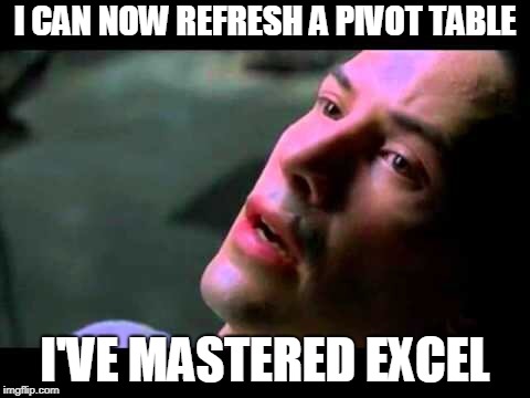 Neo kung fu | I CAN NOW REFRESH A PIVOT TABLE; I'VE MASTERED EXCEL | image tagged in neo kung fu | made w/ Imgflip meme maker