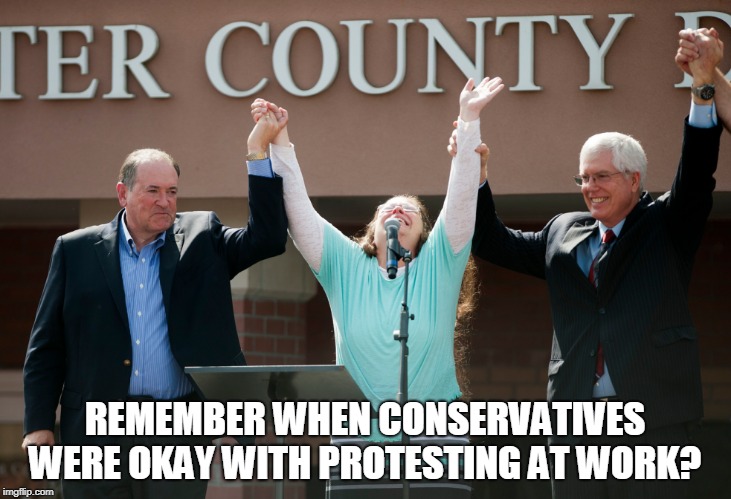 Anthem Protest Hypocrisy  | REMEMBER WHEN CONSERVATIVES WERE OKAY WITH PROTESTING AT WORK? | image tagged in kim davis,nfl,colin kaepernick,national anthem,protest | made w/ Imgflip meme maker