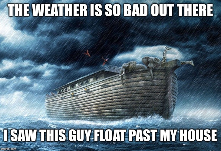 Noah's Ark | THE WEATHER IS SO BAD OUT THERE; I SAW THIS GUY FLOAT PAST MY HOUSE | image tagged in noah's ark | made w/ Imgflip meme maker