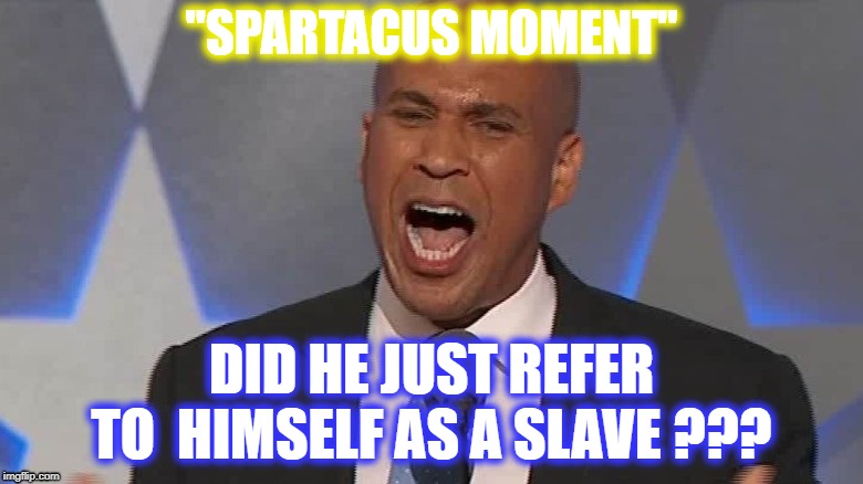 BOOKER SPARTACUS | "SPARTACUS MOMENT"; DID HE JUST REFER TO
 HIMSELF AS A SLAVE ??? | image tagged in cory booker | made w/ Imgflip meme maker
