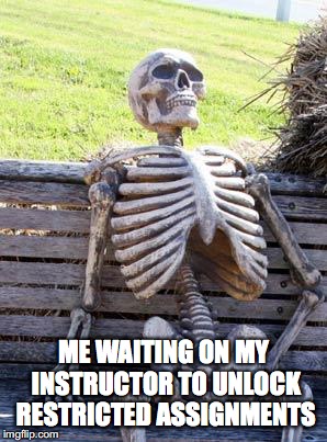 Waiting Skeleton Meme | ME WAITING ON MY INSTRUCTOR TO UNLOCK RESTRICTED ASSIGNMENTS | image tagged in memes,waiting skeleton | made w/ Imgflip meme maker