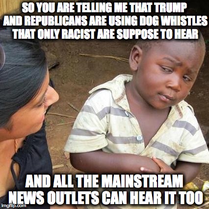 Third World Skeptical Kid | SO YOU ARE TELLING ME THAT TRUMP AND REPUBLICANS ARE USING DOG WHISTLES THAT ONLY RACIST ARE SUPPOSE TO HEAR; AND ALL THE MAINSTREAM NEWS OUTLETS CAN HEAR IT TOO | image tagged in memes,third world skeptical kid | made w/ Imgflip meme maker