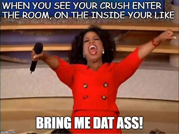 Oprah You Get A | WHEN YOU SEE YOUR CRUSH ENTER THE ROOM, ON THE INSIDE YOUR LIKE; BRING ME DAT ASS! | image tagged in memes,oprah you get a | made w/ Imgflip meme maker