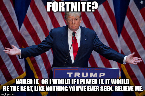 Donald Trump | FORTNITE? NAILED IT.  OR I WOULD IF I PLAYED IT. IT WOULD BE THE BEST, LIKE NOTHING YOU'VE EVER SEEN. BELIEVE ME. | image tagged in donald trump | made w/ Imgflip meme maker