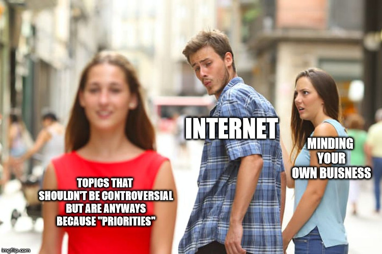 Distracted Boyfriend Meme | INTERNET; MINDING YOUR OWN BUISNESS; TOPICS THAT SHOULDN'T BE CONTROVERSIAL BUT ARE ANYWAYS BECAUSE "PRIORITIES" | image tagged in memes,distracted boyfriend | made w/ Imgflip meme maker