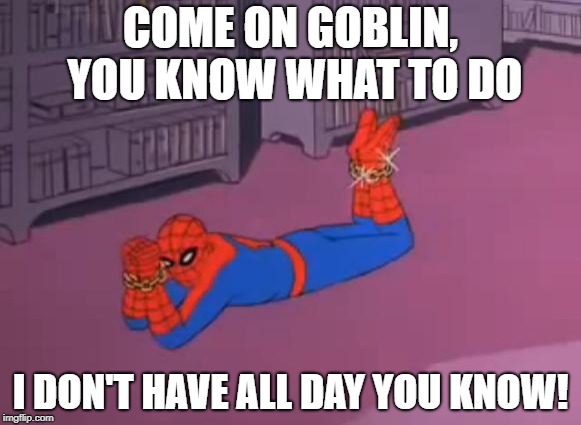 spiderman stick and stones | COME ON GOBLIN, YOU KNOW WHAT TO DO; I DON'T HAVE ALL DAY YOU KNOW! | image tagged in spiderman stick and stones | made w/ Imgflip meme maker