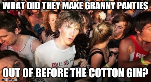 Sudden Clarity Clarence Meme | WHAT DID THEY MAKE GRANNY PANTIES OUT OF BEFORE THE COTTON GIN? | image tagged in memes,sudden clarity clarence | made w/ Imgflip meme maker