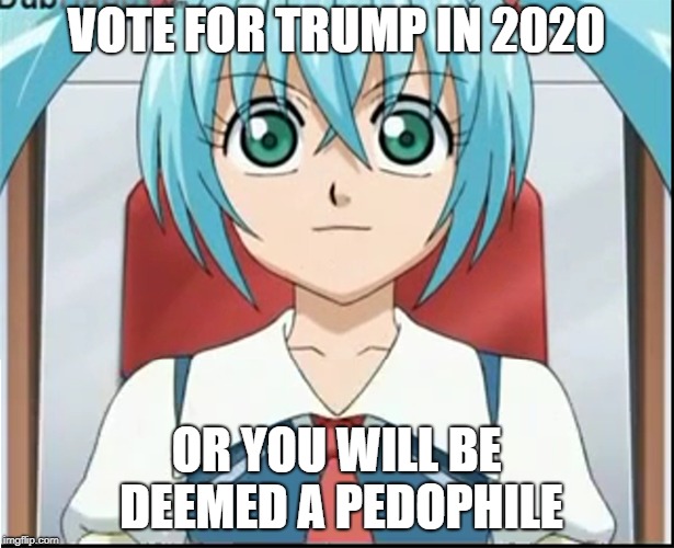 VOTE Trumped | VOTE FOR TRUMP IN 2020; OR YOU WILL BE DEEMED A PEDOPHILE | image tagged in trump 2020 pedo pedophile ecchi hentai balls of steel existent ways meme funny weaboo weeb animus loli | made w/ Imgflip meme maker