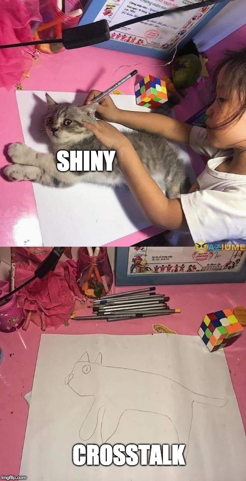 Girl tracing cat | SHINY; CROSSTALK | image tagged in girl tracing cat | made w/ Imgflip meme maker